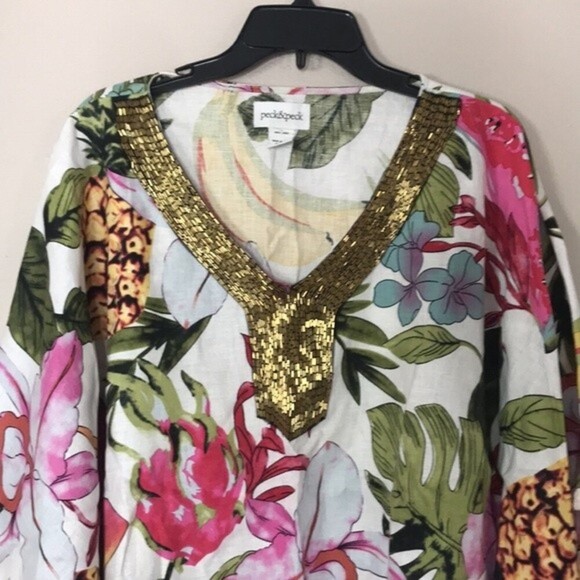 Peck & Peck Linen Floral Poncho Top Copper Beaded Neckline Kimono Sleeves large - Picture 2 of 10